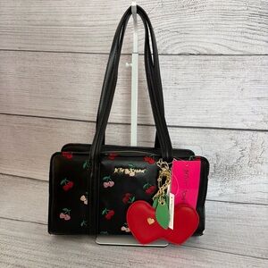 Betsey Johnson Black Cherry Heart Print Satchel Barrel Double Handle Bag & Charm